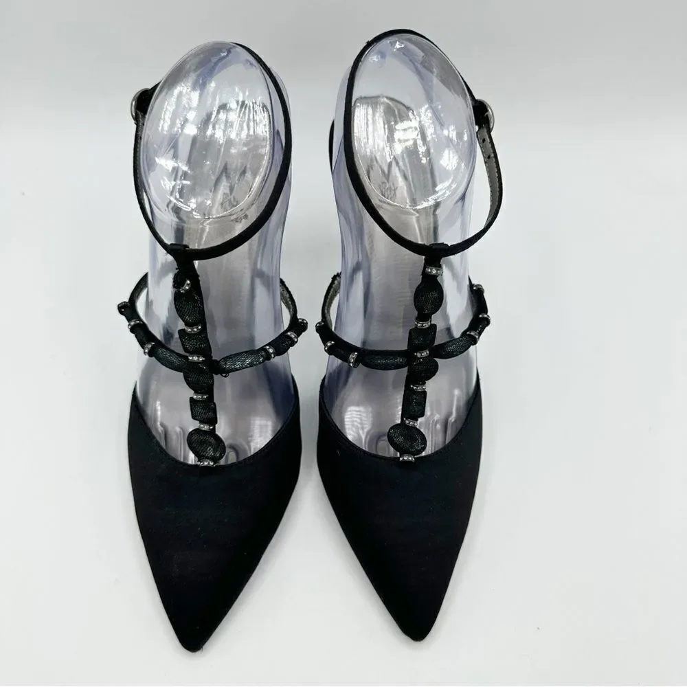 M. By Marinelli Black Satin Sparkly Jeweled T-Strap Stiletto Evening Sandal 8.5M